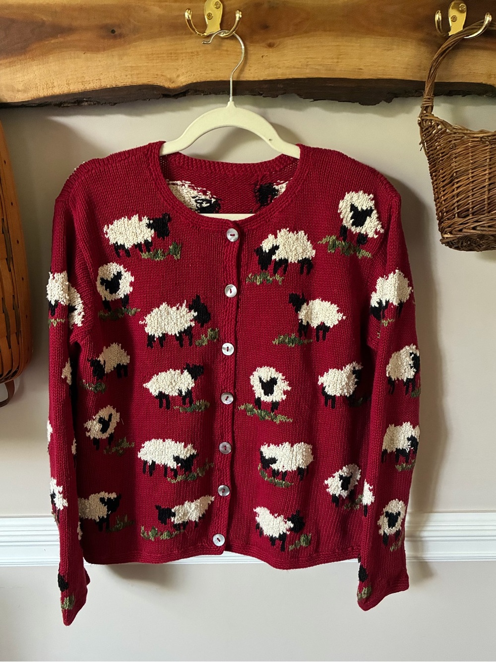 Vintage 90s Talbots Red Cotton Linen Sheep Cardigan Sweater Princess Diana S